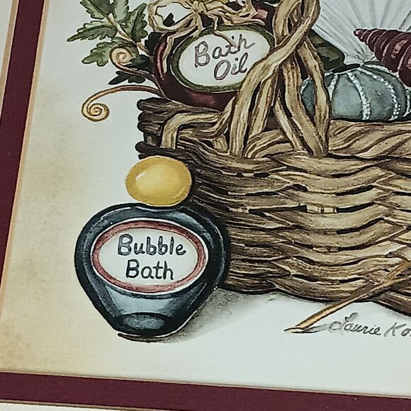 Vintage Laurie Korsgaden Bath Gift Basket Print #1 Matted Brown Wood Frame 14x12 - Picture 4 of 13